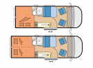 Zwei Layouts von Van. Mit den zwei verschiedenen Optionen fr den Schlafbereich. Kche, Nasszelle und Sitzgruppe liegen in der Mitte des Fahrzeugs.