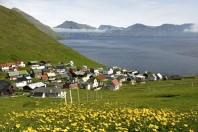 Ein kleines Dorf mit bunten Dchern in Sommer mit Blumen in Vordergrund und den Meer in Hintergrund